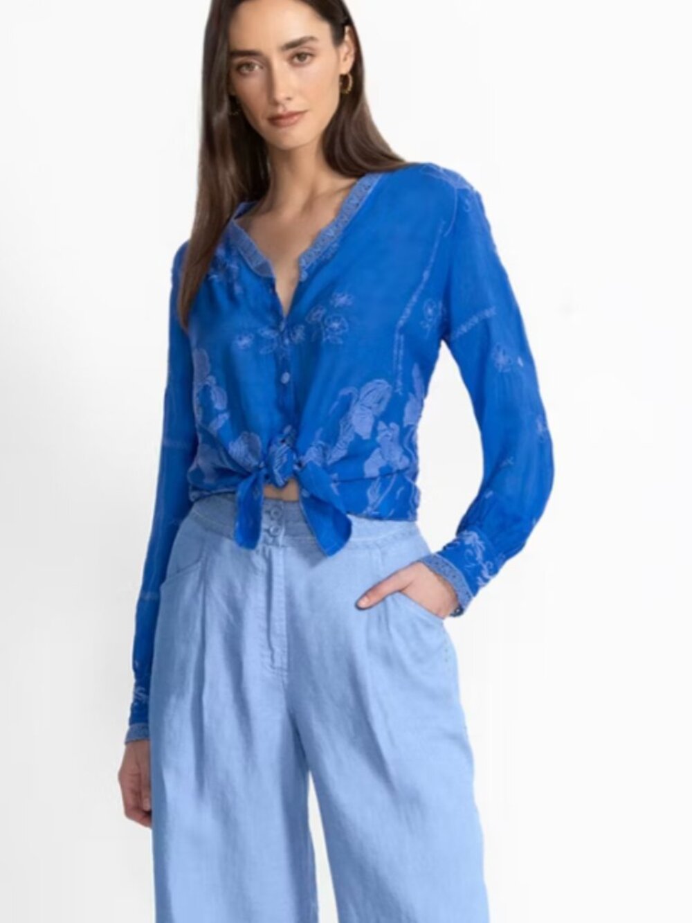 Johnny Was Light Blue Linen-Blend Wide Leg Pants